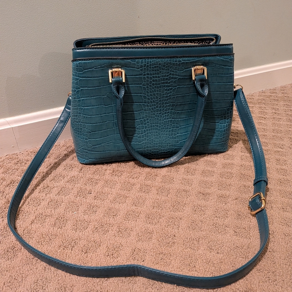 Elegant Teal Crocodile-Embossed Handbag